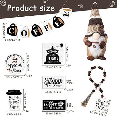 13 Pieces Coffee Bar Tiered Tray Decor Signs Set Coffee Plush Gnome Coffee Bar Wooden Signs Coffee Flag Wooden Bead Garland Decoration for Coffee Bar Coffee Station Shelf Mantel