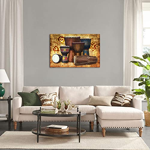 SkenoArt Indian Wall Art Vintage Brown Painting Ethnic Ancient Artwork Traditional Drum Picture Prints African Canvas Print for Home Office Living Room Bedroom Decor Ready to Han 24x36Inch
