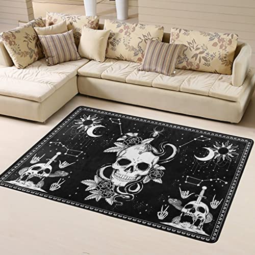 Skull Black and White Snake Moth Skeleton Mandala Moon Star Pattern Area Rug Rugs Non-Slip Floor Mat Doormats Living Dining Room Bedroom Dorm 60 x 39 inches inches Home Decor