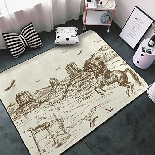 YEAHSPACE Western Rug 60x39 inch Cowboy Area Rugs Living Room Dorm Bedroom Floor Decor-American Cowboy Riding Horse in Wild West Eagle