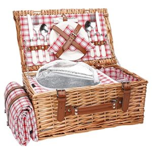 wicker picnic basket set for 2 persons with waterproof picnic blanket and large insulated cooler compartment, willow picnic hamper basket with cutlery service kits for camping, wedding, anniversary