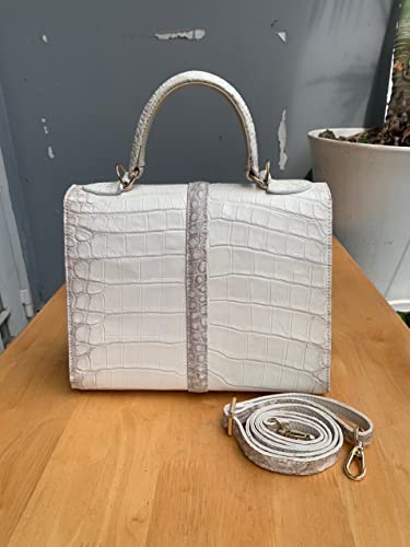 Vietnamese Genune Himalayan crocodile alligator leather skin totes bag, handbag, top handle bag for women, luxury formal event ladies purse, White Accent Gray