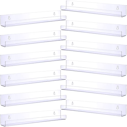 Chunful 12 Pack Acrylic Floating Shelves Wall Mounted 15 Inch Acrylic Kids Floating Wall Ledge Bookshelf Wall Shelf Organizer for Home, Bedroom, Bathroom, Kitchen Storage (Clear)