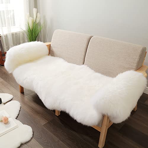 IRIWOOL Sheepskin Rug Genuine Fur, Luxury Wool Pelts, Naturally Silky Soft Lambskin, Thick & Fluffy, Bedroom & Living Area, Seat Cover Throw for Seat Throw (2' x 6'Creamy White)