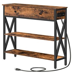 hoobro console table with outlets and usb ports, narrow entryway table with drawer, small sofa table with 2 storage shelves, behind couch, living room, hallway, foyer, kitchen, rustic brown bf88xg01