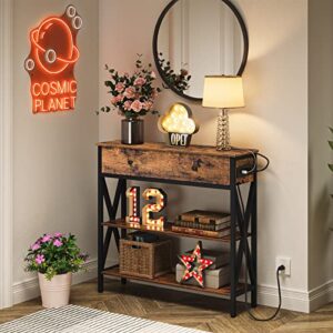 HOOBRO Console Table with Outlets and USB Ports, Narrow Entryway Table with Drawer, Small Sofa Table with 2 Storage Shelves, Behind Couch, Living Room, Hallway, Foyer, Kitchen, Rustic Brown BF88XG01