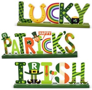3 st patrick’s day wooden table decorations centerpiece green shamrock lucky irish tabletop sign saint patrick party decor for fireplace mantle shelf office desk dining room kitchen & home