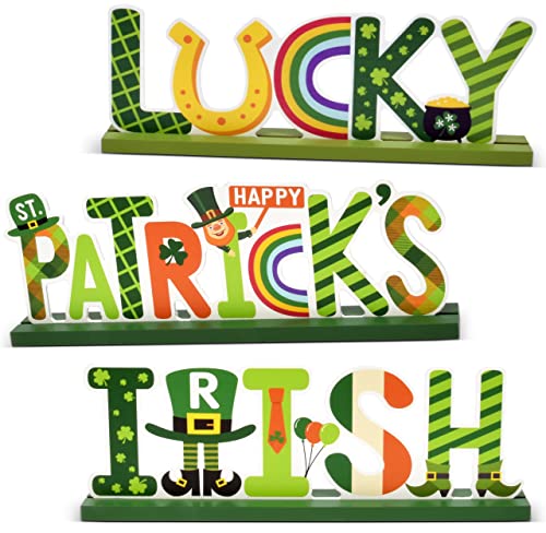 3 St Patrick's Day Wooden Table Decorations Centerpiece Green Shamrock Lucky Irish Tabletop Sign Saint Patrick Party Decor for Fireplace Mantle Shelf Office Desk Dining Room Kitchen & Home