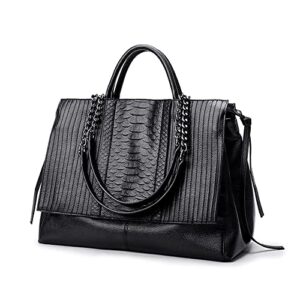 nigedu women handbag crocodile patterned pu leather tote handbags women’s chain shoulder bag large black totes (black)