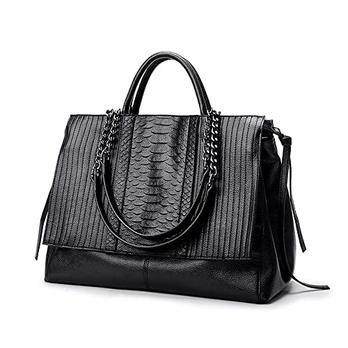 NIGEDU Women Handbag Crocodile Patterned PU Leather Tote Handbags Women's Chain Shoulder Bag Large Black Totes (Black)