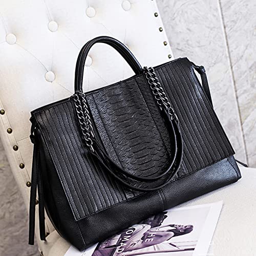 NIGEDU Women Handbag Crocodile Patterned PU Leather Tote Handbags Women's Chain Shoulder Bag Large Black Totes (Black)