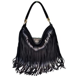 teanea fringe tote handbag pu leather hobo bag tassel crossbody shoulder bag for women, black