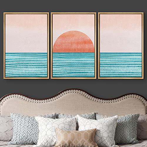 wall26 Framed Canvas Print Wall Art Set Mid-Century Ocean Sunset Sun Horizon Nature Abstract Illustrations Modern Art Bohemian Decorative for Living Room, Bedroom, Office - 16"x24"x3 Natural