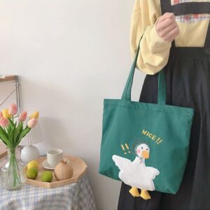 SALLYOON Kawaii Purse Cute Tote Bag Aesthetic Funny Duck Shoulder Handbags for School Grocery (Green 1)