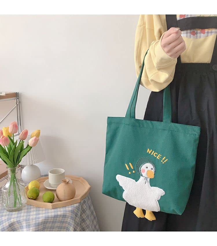 SALLYOON Kawaii Purse Cute Tote Bag Aesthetic Funny Duck Shoulder Handbags for School Grocery (Green 1)