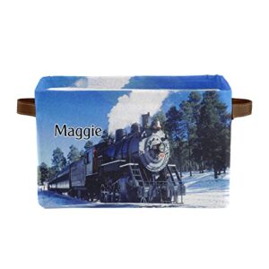 personalized snowy day train storage bin with name waterproof canvas organizer bin with handles for gift baskets book bag (1 pack)