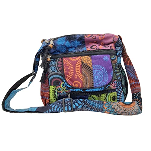 Fwosi Boho Shoulder School Tote Bags - Unisex, Lightweight Crossbody Messenger Bag - 4 Compartments, Adjustable Strap, Zipper Closure - Embroidered Purse Hippie Sling Patchwork Bag