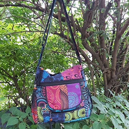 Fwosi Boho Shoulder School Tote Bags - Unisex, Lightweight Crossbody Messenger Bag - 4 Compartments, Adjustable Strap, Zipper Closure - Embroidered Purse Hippie Sling Patchwork Bag