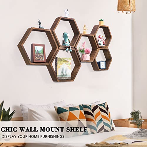 NORCEESAN Hexagon Floating Shelves Set of 6 Honeycomb Shelves for Wall Wood Farmhouse Storage Home Decor Shelf Wall Mounted Wooden Hexagonal Shelves for Bedroom Living Room Nursery, Rustic Brown