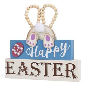 OYATON Easter Decorations for the Home - Rustic Spring Happy Easter Bunny Wood Sign Block with Egg and Wooden Beads Decor for Table, Mantle, Tiered Tray - Indoor Mini Easter Decor
