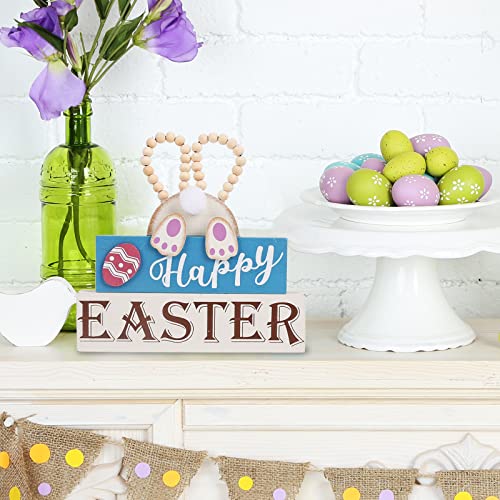 OYATON Easter Decorations for the Home - Rustic Spring Happy Easter Bunny Wood Sign Block with Egg and Wooden Beads Decor for Table, Mantle, Tiered Tray - Indoor Mini Easter Decor