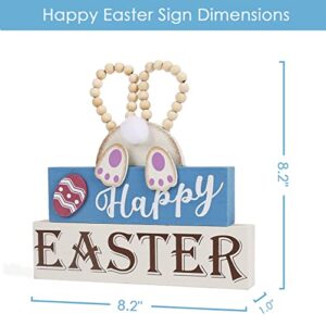 OYATON Easter Decorations for the Home - Rustic Spring Happy Easter Bunny Wood Sign Block with Egg and Wooden Beads Decor for Table, Mantle, Tiered Tray - Indoor Mini Easter Decor