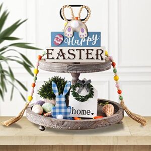 OYATON Easter Decorations for the Home - Rustic Spring Happy Easter Bunny Wood Sign Block with Egg and Wooden Beads Decor for Table, Mantle, Tiered Tray - Indoor Mini Easter Decor