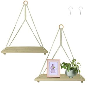 howmax hanging shelves for wall, boho rope floating wood shelves wall hanging shelves for living room bedroom wall decor (natural)