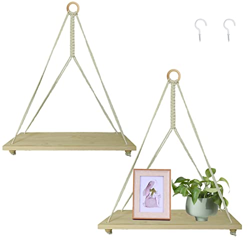 HOWMAX Hanging Shelves for Wall, Boho Rope Floating Wood Shelves Wall Hanging Shelves for Living Room Bedroom Wall Decor (Natural)