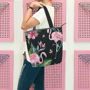 MNSRUUU Canvas Tote Bag Aesthetic Pink Flamingo Black Shoulder Bag for Women Work School Tote Handbag Shopping Purses and Handbags