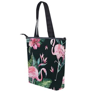 MNSRUUU Canvas Tote Bag Aesthetic Pink Flamingo Black Shoulder Bag for Women Work School Tote Handbag Shopping Purses and Handbags