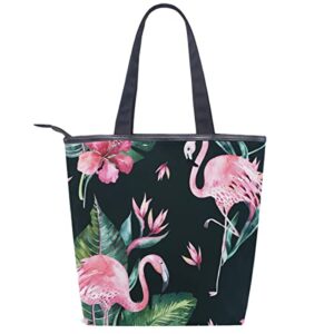 MNSRUUU Canvas Tote Bag Aesthetic Pink Flamingo Black Shoulder Bag for Women Work School Tote Handbag Shopping Purses and Handbags