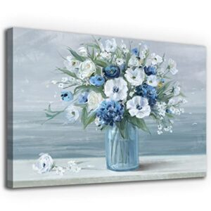 vintage flowers canvas wall art blue white blossom canvas painting retro flowers in vase canvas pictures blue ocean seagull background artwork prints for bathroom bedroom wall decor 28″ x 20″