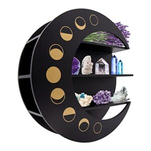 myuilor crescent moon shelf, wooden moon shelf for crystals, stones & essential oils, crystal shelf display pine floating circle shelf, crystal moon shelves(black)