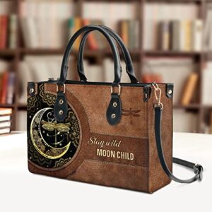 64HYDRO Stay Wild Moon Child Dragonfly Purses for Women, Shoulder Bag, Handbags for Women, Cute Gifts, Valentines Day Gifts for Her, Gifts for Sisters, Daughter, Mom, Friends - Travel Work Leather Bag