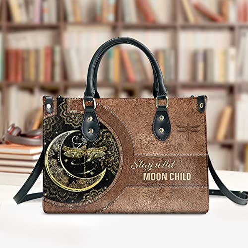 64HYDRO Stay Wild Moon Child Dragonfly Purses for Women, Shoulder Bag, Handbags for Women, Cute Gifts, Valentines Day Gifts for Her, Gifts for Sisters, Daughter, Mom, Friends - Travel Work Leather Bag