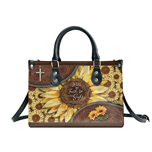 64HYDRO Christian Gifts Faith Sunflower Purses for Women, Shoulder Bag, Handbags for Women, Valentines Day Gifts for Her, Gifts for Sisters, Daughter, Mom, Friends, Travel Work Leather Bag