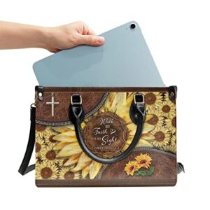 64HYDRO Christian Gifts Faith Sunflower Purses for Women, Shoulder Bag, Handbags for Women, Valentines Day Gifts for Her, Gifts for Sisters, Daughter, Mom, Friends, Travel Work Leather Bag