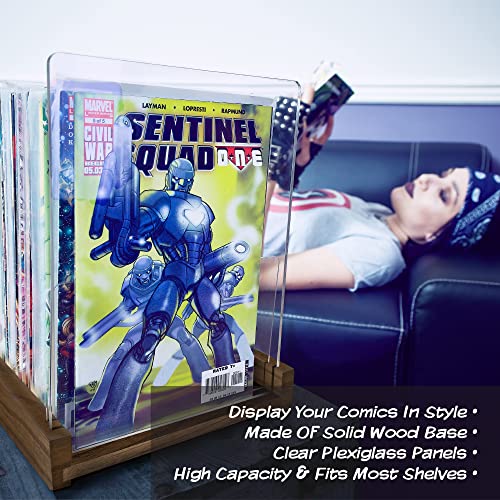 Comic Book Storage Holder - Display Case for Collectors – Patent Pending Wood & Acrylic Comics Box, Bin & Organizer - Magazines & Books Boxes for Organization - Stores Up To 150 Issues - 14.5x8 Inches (Dark Walnut)