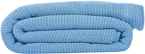 Linteum Textile Supply Leno Weave Blue Blanket, Queen 100% Cotton, Lightweight, Warm, Extra-Fluffy, Premium and Durable Soft & Cozy Bed Blanket for Bed, Couch, Sofa Throw for All Season