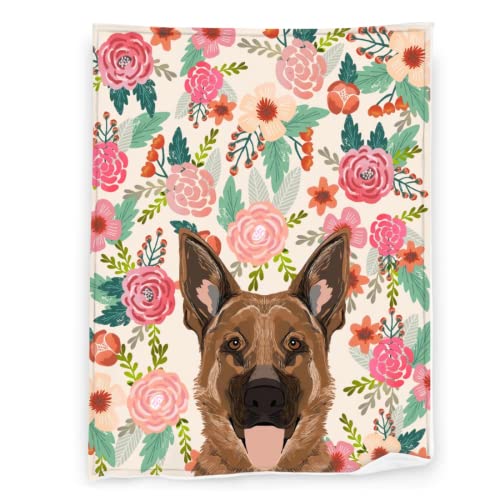 Trendy German Shepherd Dog Flowers Blanket Soft Fleece Throw Blanket Cozy Fuzzy Warm Flannel Blankets for Women Men for Couch Bed Sofa All Season Gift