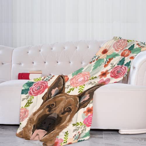 Trendy German Shepherd Dog Flowers Blanket Soft Fleece Throw Blanket Cozy Fuzzy Warm Flannel Blankets for Women Men for Couch Bed Sofa All Season Gift