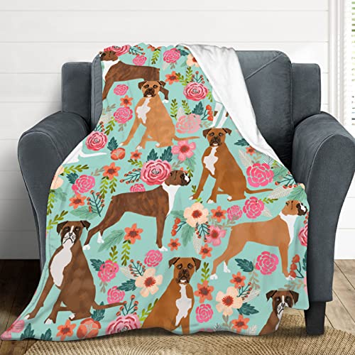 Boxer Dog Flowers Florals Blanket Soft Fleece Throw Blanket Cozy Fuzzy Warm Flannel Blankets for Women Men for Couch Bed Sofa All Season Gift