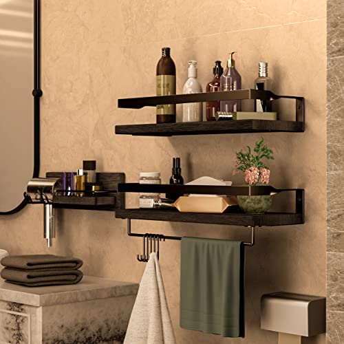 LYNNC 3 in 1 Rustic Floating Shelves, Decorative Storage Shelves with Towel Bar, Wall Mounted Shelves Holder for Bathroom, Kitchen & Bedroom - Set of 3 Shelves