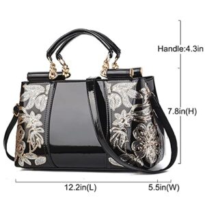 XingChen Shiny Patent Women PU Leather Handbags Embroidery Shoulder Bags Fashion Satchel Purses Top Handle Bags(Purple)