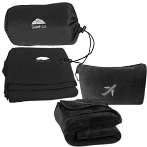 bluehills premium mini plush travel blanket and ultra compact travel blanket value pack set of 2 – airplane flight blanket throw in a case with strap compact pack for car plane travel black