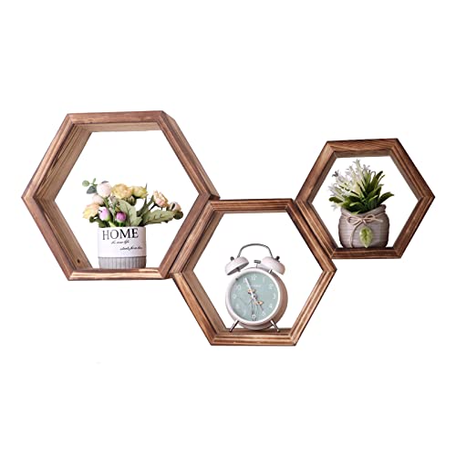 LANYUNBAN Hexagon Shelves Set of 3, Honeycomb Shelf, Wall Mounted Geometric Hexagon Shelves, Boho Wall Décor, Classic Geometric Decoration for Office, Bedroom and Living Room (Torchwood) (Torchwood)