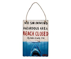 jaws “beach closed” corrugated tin sign hanging wall art | steven spielberg classic movie gifts and collectibles | 12 x 16 inches