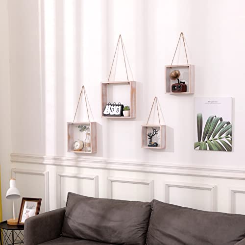 Square Farmhouse Easter Washedwhite Floating Shelves,Wall Mounted Cube Display Shelf Shadow Boxes,Large Wooden Wall Organizer Hanging Shelf,Home Boho Wall Decorations for Living Room Bedroom,Set of 4