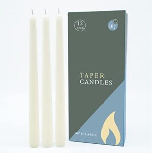 12 pack unscented ivory taper candles – 10 inch tall candle sticks – dripless long burning candles for dinner table, weddings, home decoration, holidays – 10 hour burn time